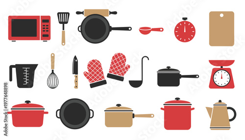 Kitchen Utensils, Cooking Tools, Red Icons, Vector Set