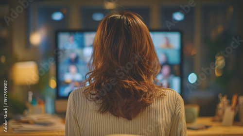 Woman seen from behind in video call office meeting room with monitors