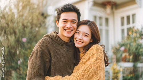 Smiling couple embracing outdoors in garden courtyard with soft blurred buildings