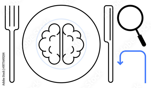 Brain food concept. Brain on plate with fork, knife, and magnifying glass critical thinking and focus. Brain food links nutrition, mental health, and creativity. For education, research health