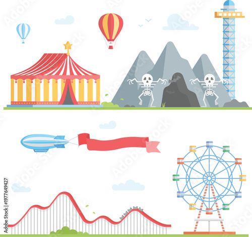 Flat design amusement park and carnival elements theme park