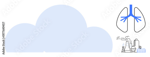 Environmental awareness, lung health, air quality, climate change, industrial pollution, public health. Illustrated lungs and factory emissions with smoke. Environmental awareness and lung health