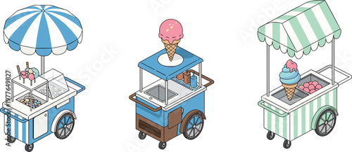 Ice Cream Cart Icon Set Featuring Colorful Stalls, Ice Cream Cones, and Summer Treats for Food and Street Vendor Designs