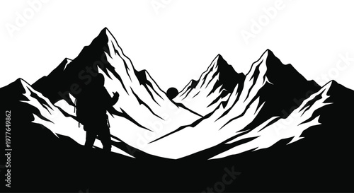 A lone hiker stands before majestic mountains in a striking silhouette
