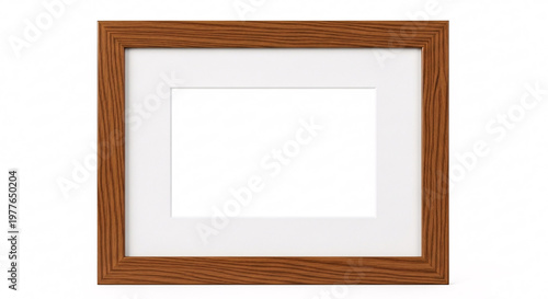 Empty Brown Wooden Picture Frame with White Matboard on White Background High Angle Perspective Still Life Interior Decor Element