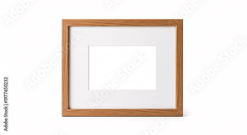 Isolated Square Wooden Picture Frame with White Mat on White Background Minimalist Empty Art Space Display Interior Mockup for Photos or Artwork Center Focus