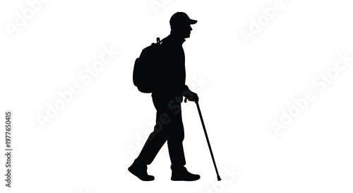 A hiker with backpack and trekking pole walking forward a stark silhouette