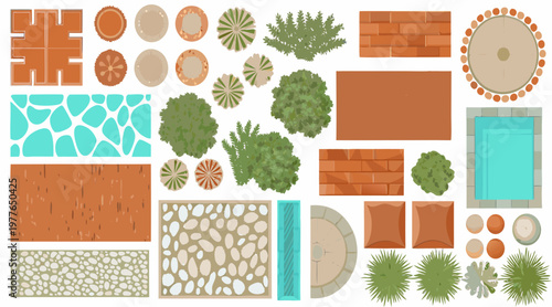 Aerial view of colorful garden elements and landscaping features