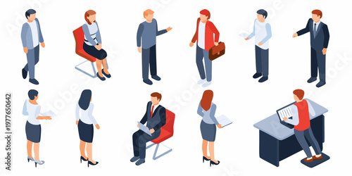 Isometric illustration of diverse business people in various work scenarios