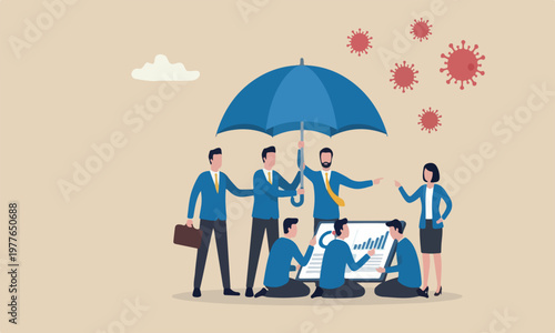 Coronavirus insurance teams together coverage or government policy to help business in Coronavirus crisis, businessmen people help to cover under umbrella to protect from Coronavirus