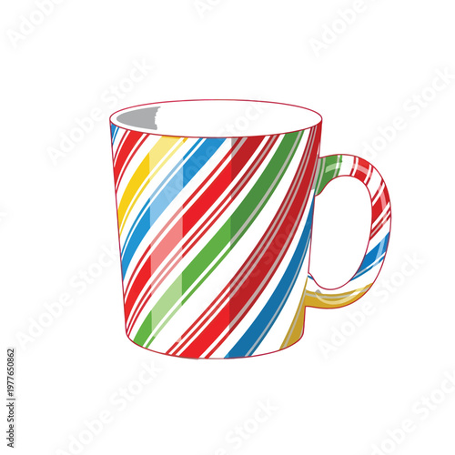 The mug displays a vibrant pattern of diagonal candy cane stripes in bright colors to bring a cheerful holiday spirit to your morning coffee.