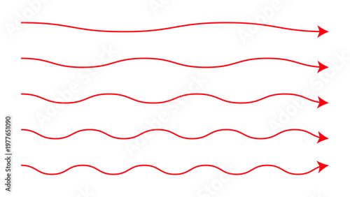Red wavy arrow lines set for progress and flow, Vector red curved arrows indicating direction and motion, Set of red wave arrows for physics and sound frequency, Minimalist red wavy pointer arrows for