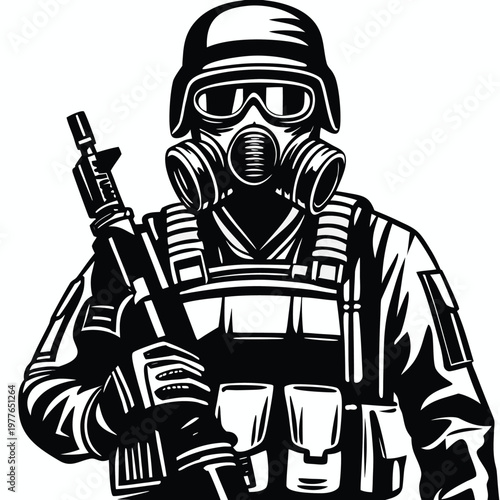 Armed military special operative wearing a protective helmet and advanced gas mask with a rifle