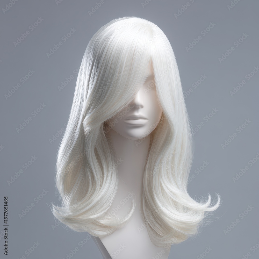 Naklejka premium Elegant white wig on a mannequin head against dark background highlighting texture and realism