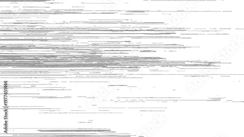 Glitchy distorted digital white noise pattern with horizontal lines and pixels abstract background