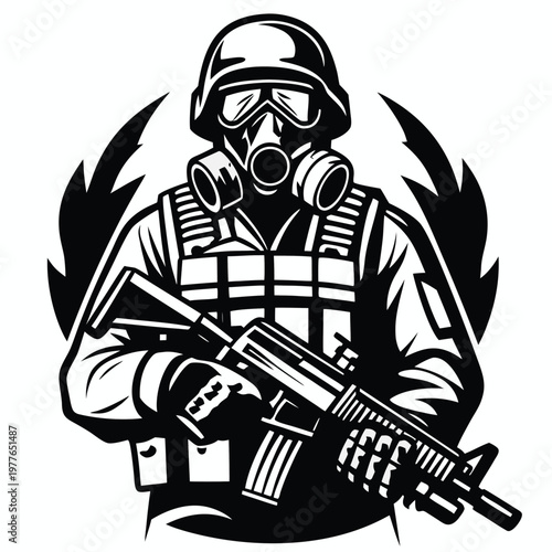 Elite tactical soldier wearing a protective gas mask and helmet holding an assault rifle