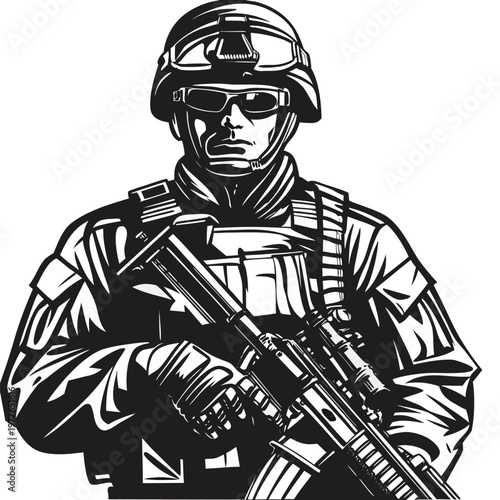 Military Soldier Wearing Tactical Gear and Helmet Holding Assault Rifle on a White Plane