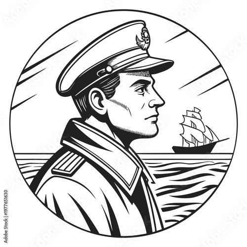 Distinguished Naval Officer Wearing Uniform Looking Towards Distant Sailing Ship on the Ocean