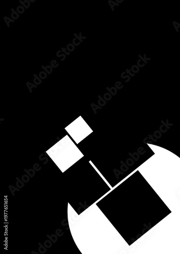 Geometric black and white shapes on black. Abstract graphic background.
