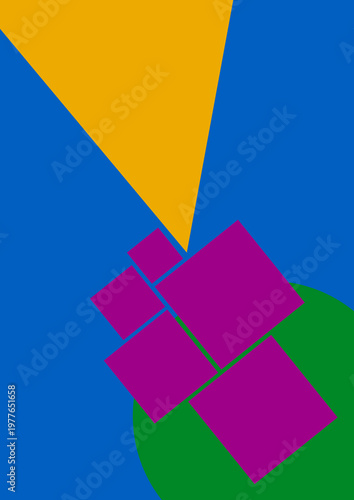 Geometric yellow, green and pink shapes on blue. Abstract graphic background.