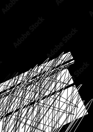 Black and white shapes on black. Abstract graphic background.