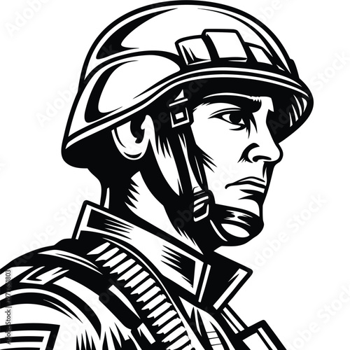 Profile portrait of a determined military soldier wearing a protective combat helmet