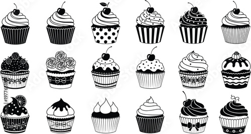 Black and white cupcake illustration, stylized dessert art, vintage bakery sketch, decorative frosting design, sweet treat drawing, monochrome pastry artwork, food graphic