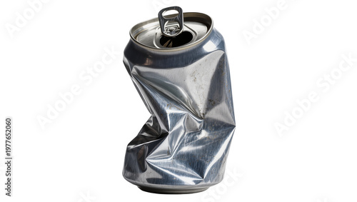 Foto Crushed aluminum soda can with pull tab, isolated on transparent background