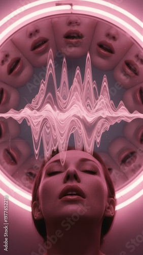 Woman experiencing mind control and hypnotic state. Digital visualization of brain waves and psychological manipulation. Surreal concept of subconscious influence and brainwashed mind.