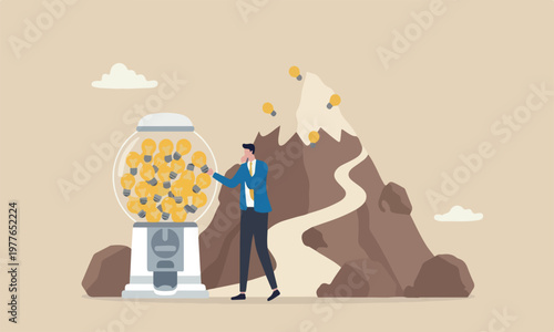Business ideas,boulder up entrepreneur or innovation light bulb symbol concept, smart businessman with a lot of ideas standing with gumball machine with abundance of lightbulb ideas