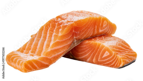 Tableau sur toile Two fresh raw salmon fillets with visible white fat lines, isolated on transpare