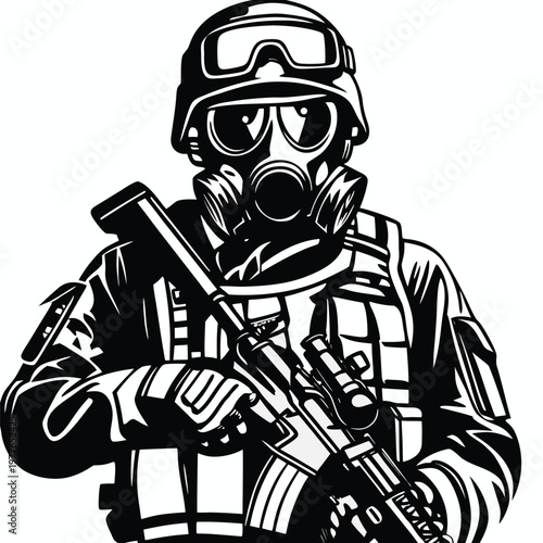 Armed Forces Soldier in Tactical Gear with Gas Mask and Rifle Ready