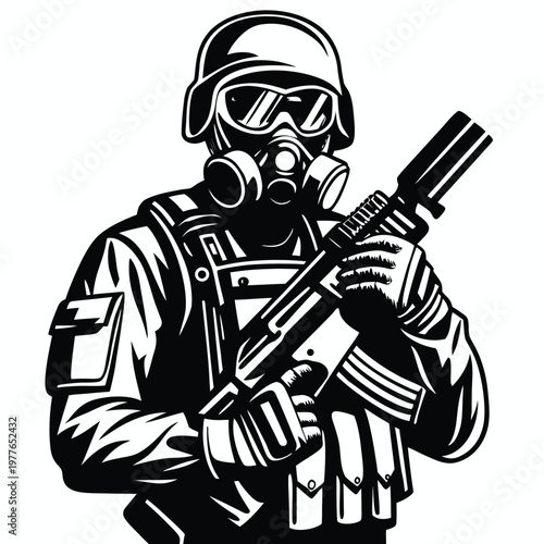 Equipped Soldier in Protective Gas Mask Holding a Short Assault Weapon