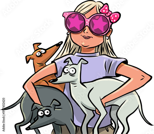 Pop Art Retro A girl with dogs. Offers for dog owners at pet stores. Pet-friendly cafes and restaurants.