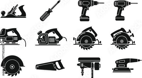 Comprehensive Collection of Professional Woodworking Power Tools and Hand Tools Icons Set for Carpentry, Construction, DIY Projects, and Workshop Equipment