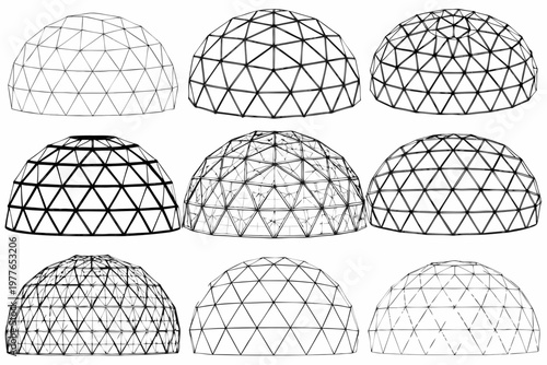 Nine isometric views of geodesic domes with varying frequencies