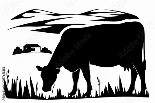 A black silhouette of a cow grazing near a small house and hills