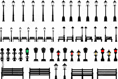 Collection of vintage street lamps and park benches in black and white