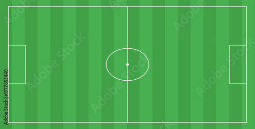 Soccer field top view vector illustration, green football pitch with white markings, striped grass stadium background for sports infographics