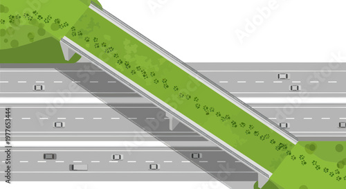 Aerial view of a multi lane highway interchange with grassy median and onramp featuring gray roads and green landscape