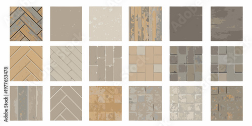 Collection of textured tile and flooring samples in neutral tones