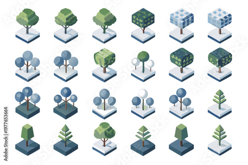 Isometric collection of diverse stylized trees on individual platforms