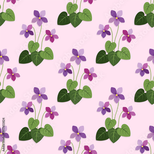 Violet flowers and green heart-shaped leaves on a pink background. Seamless b...