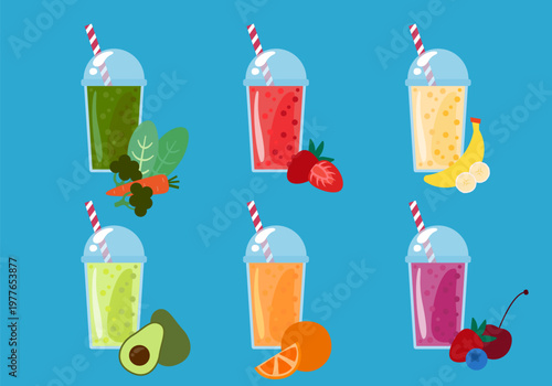Set of smoothies. Balanced Vegan Diet & Sustainable Lifestyle. Set of various fresh fruit smoothies