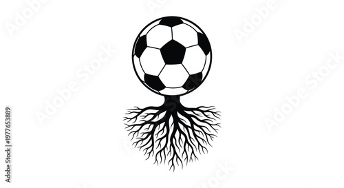 A soccer ball growing from roots depicting growth and the love of the game silhouette