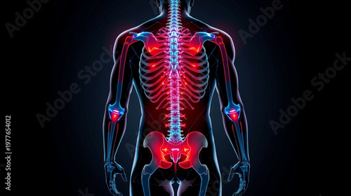 A medical illustration of a human body with highlighted skeletal system and glowing red pain points