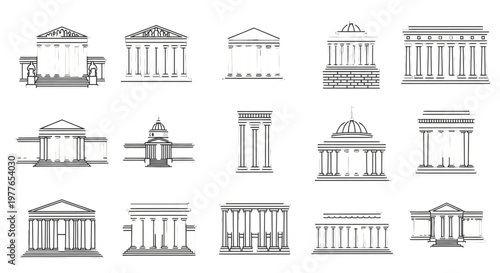 Collection of various architectural building facades and structures.