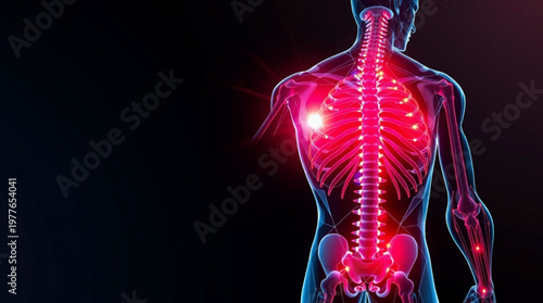 A medical illustration of a human skeleton with highlighted pain points in the back and joints