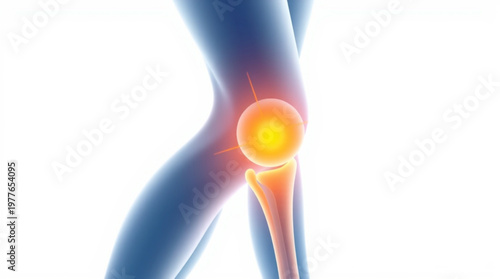 A medical illustration of a human knee joint with inflammation and pain.