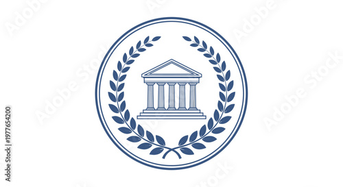 Iconic building logo with laurel wreath.